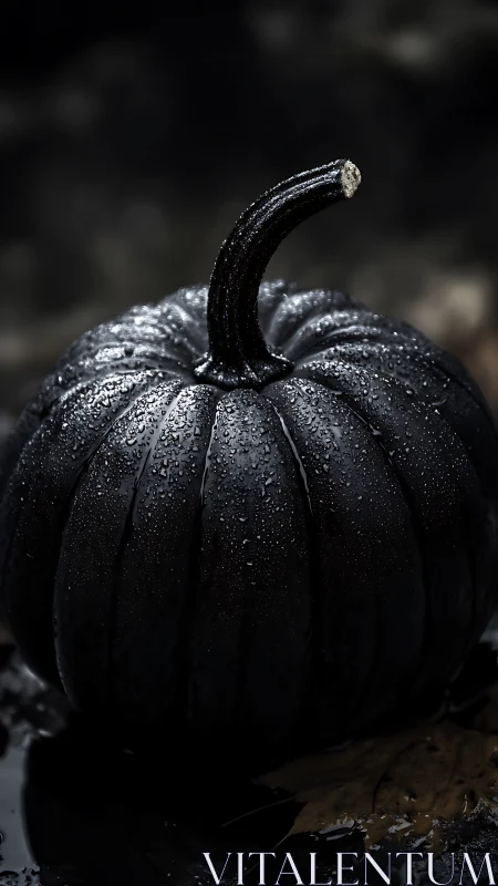 Black pumpkin stands wet in close-up low key lighting