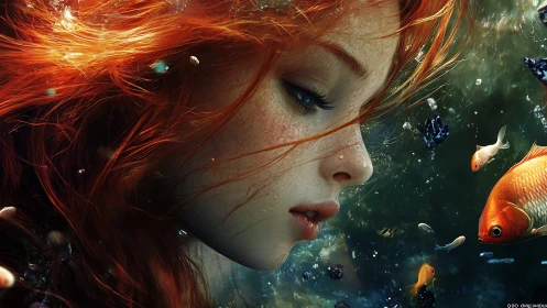Profile of red haired underwater figure with surrounding fish.