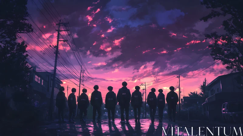 Digital dusk streetscape with silhouetted urban figures.