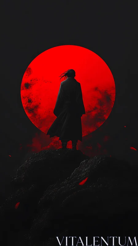 Silhouetted figure stands before large red circular backdrop