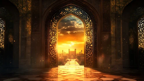 Golden sunset gateway opens onto a glowing distant city