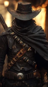 Dark gunslinger in tattered leather gear and wide hat
