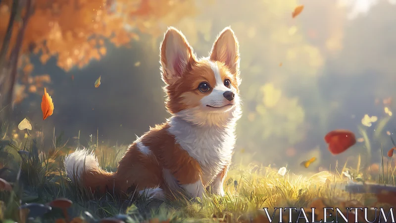 Corgi puppy sitting in soft autumn forest light outdoors.