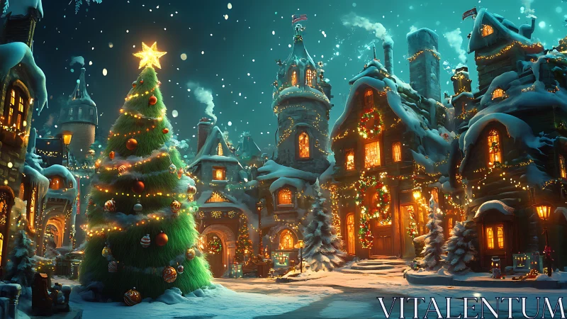 Snow-draped village square with luminous Christmas tree.