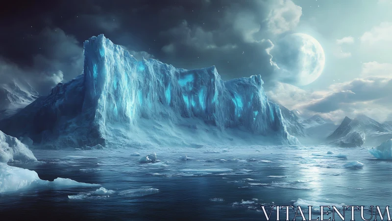 Moonlit Ice Cliff Over Quiet Polar Sea at Night.