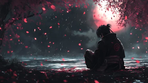 Solitary figure by lake under red moon and falling petals.