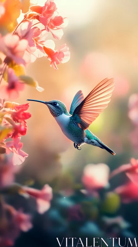 Hummingbird hovers beside pink blossoms in soft light.