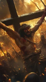 Crucified savior endures agony amid raging inferno and crowd