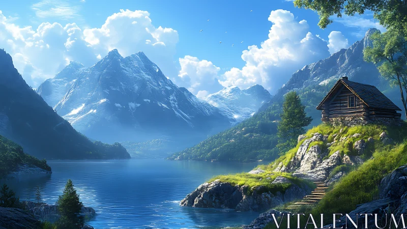 Mountain lake cabin under bright sky and snowy peaks.