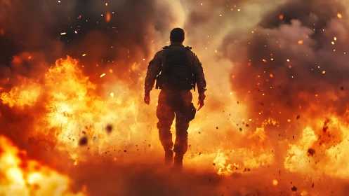 Silhouetted figure advancing through inferno environment