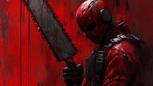 Crimson masked warrior quietly stands with a worn chainsaw