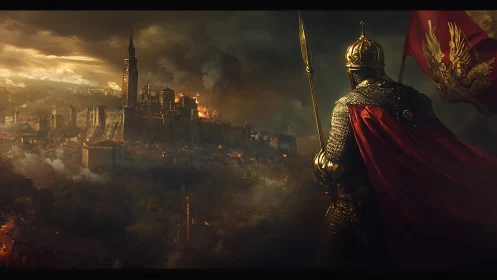 Armored warlord surveys burning medieval fortress at dusk