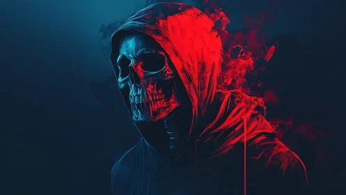 Crimson hooded skull glowing against deep midnight shadows.