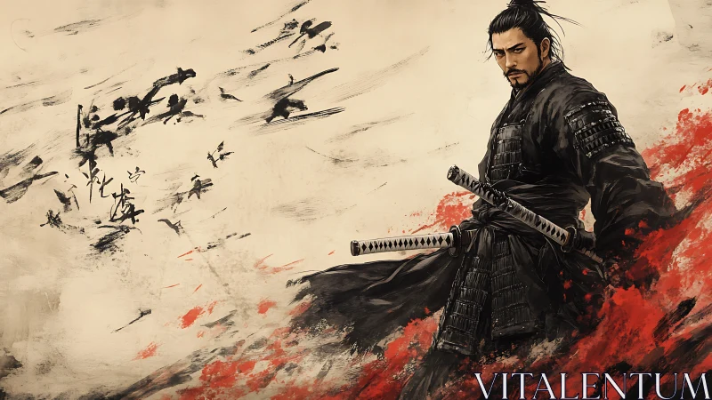 Storm-swept samurai stands strong amid swirling red ink