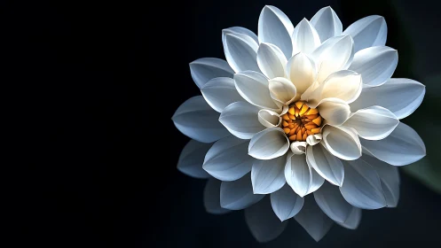 White dahlia with golden center against dark background