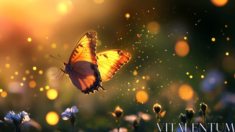 Backlit butterfly hovers over meadow in warm bokeh haze