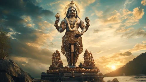 Large Hindu deity statue by riverside under cloudy sky.