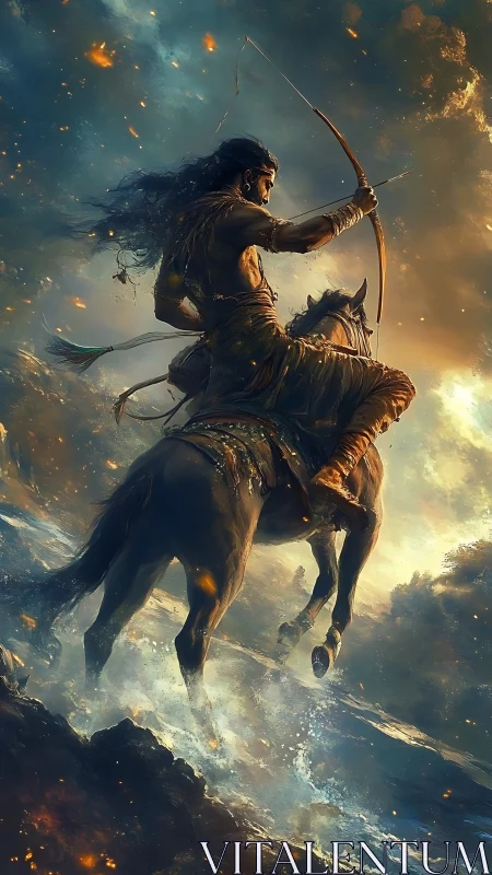 Gallant horse archer rides through glowing stormy waters