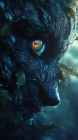 Close view of luminous eyed wolf-like creature in foliage