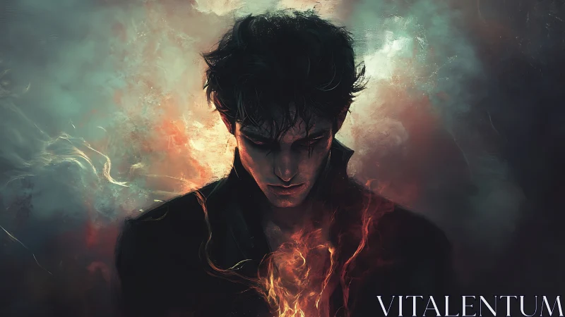 Dark-haired man stands in swirling fire and smoke glow