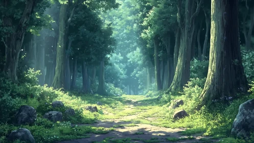 Ancient Forest Path Through Towering Trees.