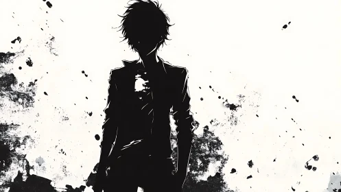 Silhouetted lone figure stands amid stark ink splatter field