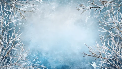 Frosted deciduous branches framing pale blue winter sky