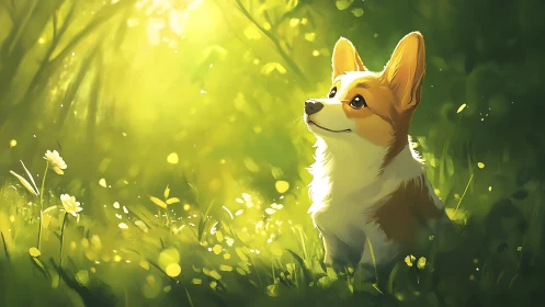 Digital painting of corgi in luminous forest glade composition.