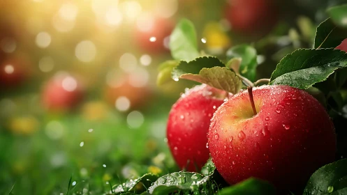 Red apples with dewdrops on grass under soft daylight.