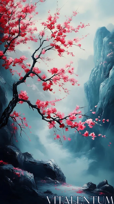 Cherry blossoms over misty blue mountains in dreamlike valley.