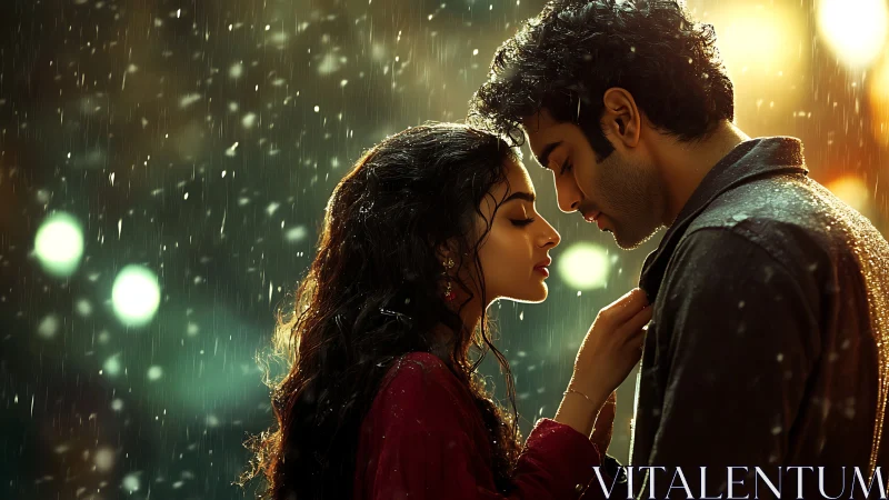 Couple in rain with urban lighting - romantic encounter scene