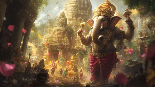 Majestic Ganesh procession amid sunlit temple grandeur.