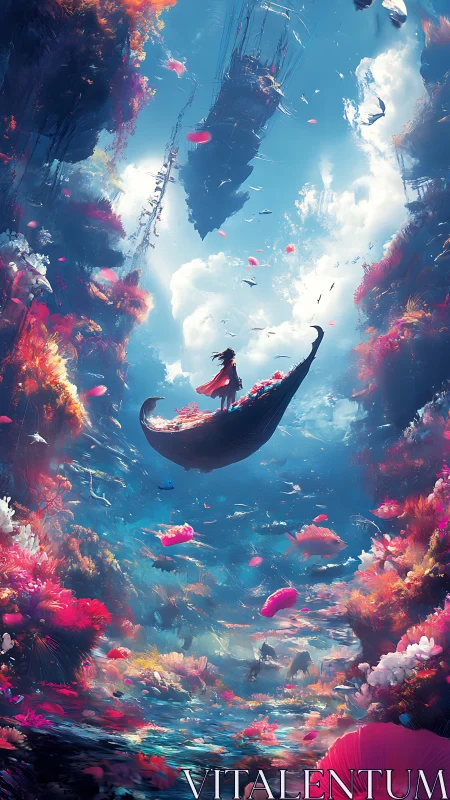 Figure on curved vessel amid floating reefs and sky void.