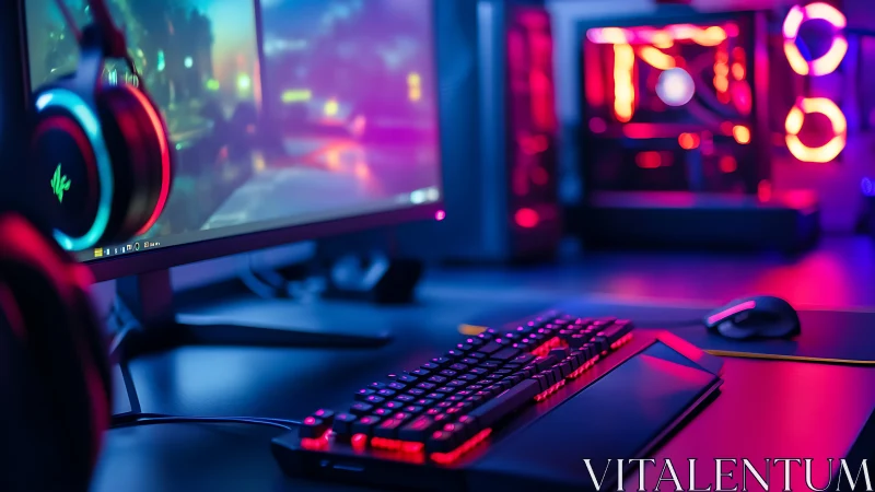 RGB gaming battlestation in saturated neon lighting scheme.