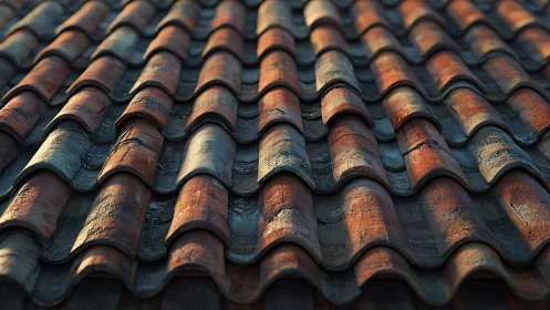 Weathered Clay Roof Tiles in Golden Sunlight.