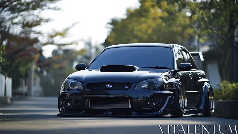 Slammed black Subaru wagon gleams on a quiet tree-lined street.