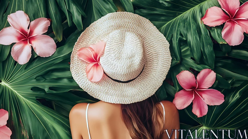 Overhead Composition: Straw Hat Among Pink Hibiscus Flowers and Tropical Foliage