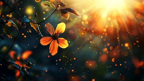 Glowing orange flower against radiant sunset bokeh field.