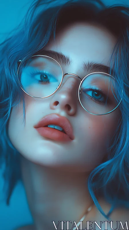 Cool blue portrait of dreamy girl in round glasses gazing out.