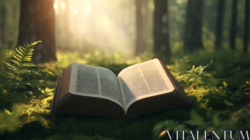 Vintage book open on moss in sunlit forest, dreamy nature scene.