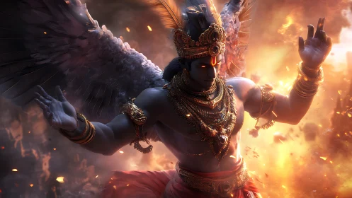 Winged mythic deity amid combustion plume, high-detail digital render.