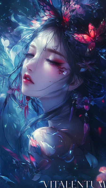 Butterfly crowned dreamer drifts through luminous twilight tides