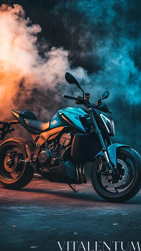 Sport motorcycle stands in colored smoke with dramatic light