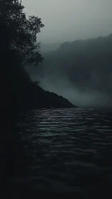 Nocturnal lakeshore silhouette with atmospheric depth study.