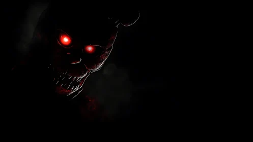Demonic animatronic skull glows with burning red eyes.