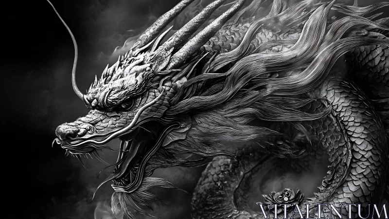 Monochrome high-detail dragon render shows coiled head profile
