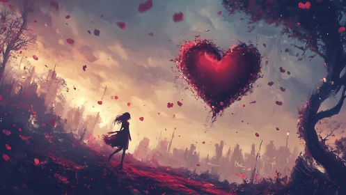 Silhouetted figure contemplates luminous heart form against cityscape with particle effects.