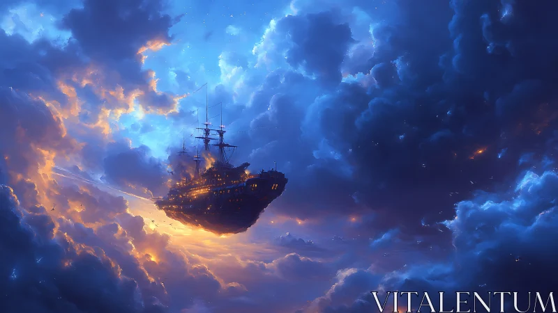 Twilight sky galleon drifting through molten sapphire clouds.