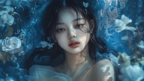 Cinematic blue portrait of ethereal woman amid translucent florals