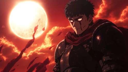 Bloodlit warrior beneath burning crimson moonrise sky.